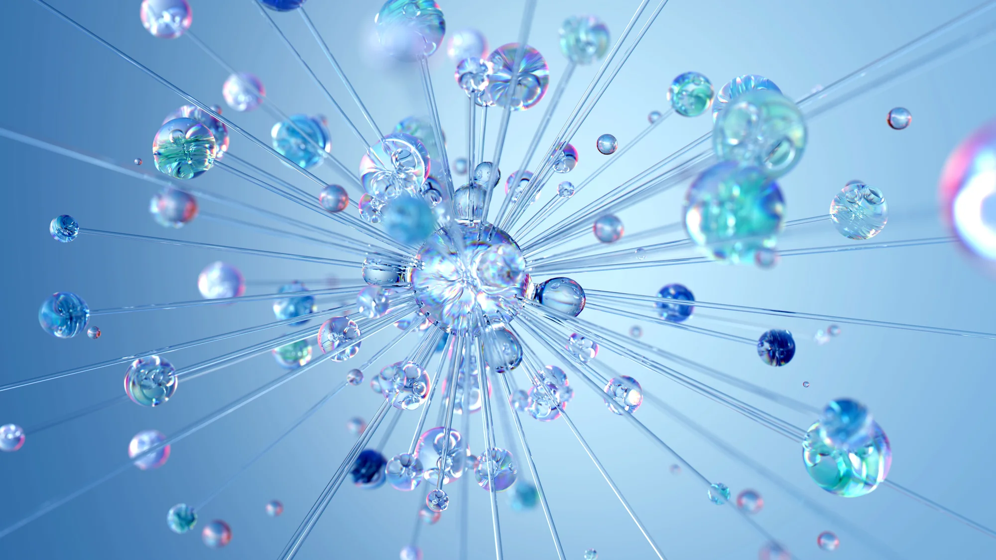 Abstract render of translucent glass spheres radiating outward from a central point on thin strands against a blue background, representing a connected network of data