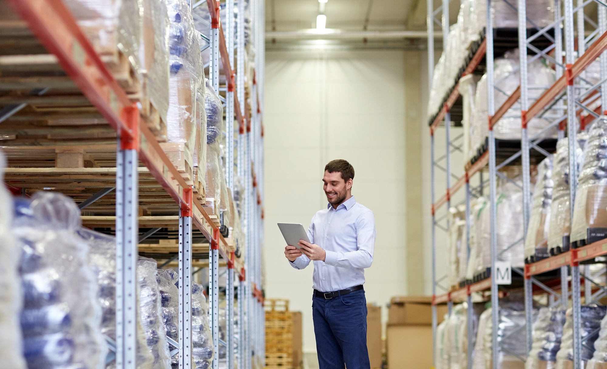 Warehouse inspector using a mobile device to conduct a digital rack safety inspection in a storage facility