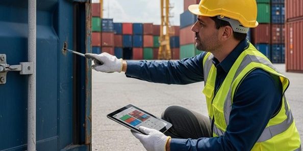 Inspector examining a shipping container at a port using a tablet