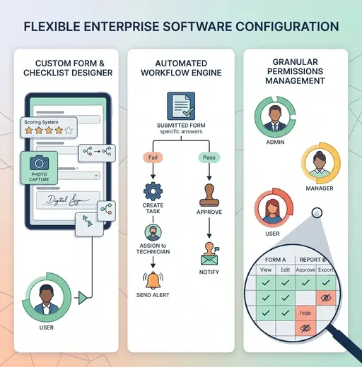 Pervidi flexible enterprise software configuration: custom form designer, automated workflow engine, and granular permissions management