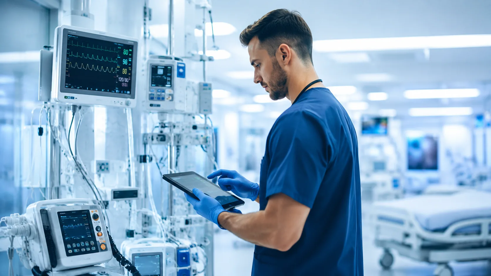 Biomedical technician using the Pervidi app on a tablet to inspect patient monitoring equipment in a hospital